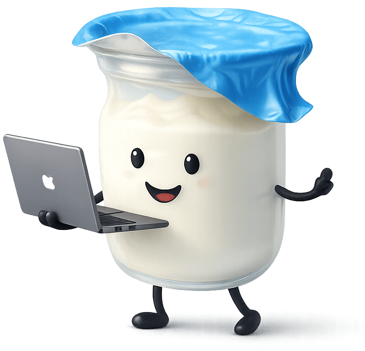 A friendly yoghurt mascot holding a laptop